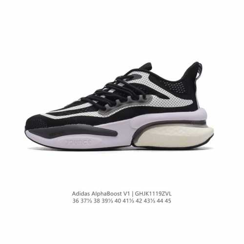 阿迪达斯 Adidas 男女子alphaboost V1跑步鞋特别系列针织面厚底增高运动休闲运动鞋。这款adidas跑步风运动鞋， 融合针织鞋面与adidas