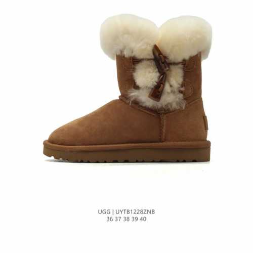 公司级 Ugg雪地靴大毛领！牛角扣 秋冬必备款｜独家实拍官方经典款秋冬羊皮毛一体加绒加厚雪地靴 皮革 舒适柔软时尚 耐磨增高保暖 高帮 运动休闲鞋 女款栗色 尺