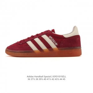 阿迪达斯 Adidas Handball Spezial 低帮三叶草学院风复古休闲板鞋 德训鞋 橡胶底柔软皮革织物拼接经典运动鞋板鞋。圆头、缝合拼接设计、正面绑