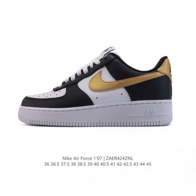 公司级 耐克 Nike Air Force 1 Low 空军一号 小白鞋 厚底增高运动板鞋 白黑金勾拼接 整体以白色为基调 黑色鞋身框架 乳白黑色 Swoosh