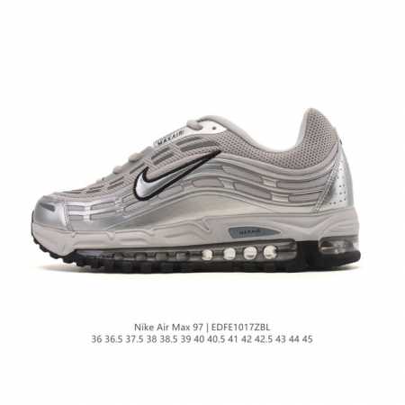 Nike 耐克 Nike Air Max 97 Se 气垫缓震男女士跑步鞋 厚底增高百搭运动鞋。以织物材料以及皮革材质搭配而成 鞋侧的走线部分做了一个解构的处理 - 点击图像关闭