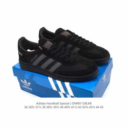 阿迪达斯 Adidas Handball Spezial 低帮三叶草学院风复古休闲板鞋 德训鞋 橡胶底柔软皮革拼接经典运动鞋板鞋。圆头、缝合拼接设计、正面绑带、 - 点击图像关闭