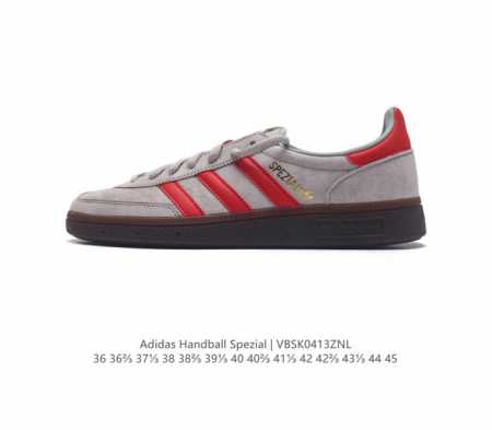 公司级 阿迪达斯 Adidas Handball Spezial 三叶草学院风复古休闲板鞋 德训鞋 橡胶底柔软皮革经典运动鞋男女士板鞋。圆头、缝合拼接设计、正面 - 点击图像关闭