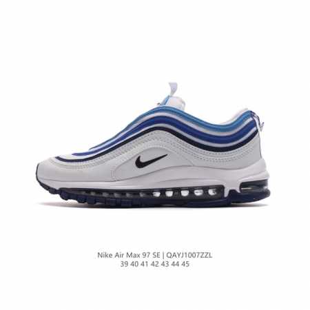 Nike 耐克 Nike Air Max 97 Se 气垫缓震男士跑步鞋 厚底增高百搭运动鞋。以织物材料以及皮革材质搭配而成 鞋侧的走线部分做了一个解构的处理， - 点击图像关闭