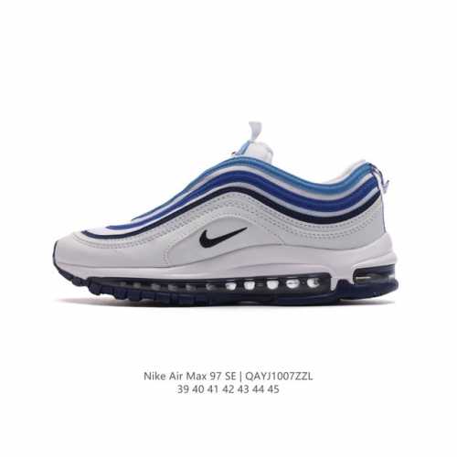 Nike 耐克 Nike Air Max 97 Se 气垫缓震男士跑步鞋 厚底增高百搭运动鞋。以织物材料以及皮革材质搭配而成 鞋侧的走线部分做了一个解构的处理，