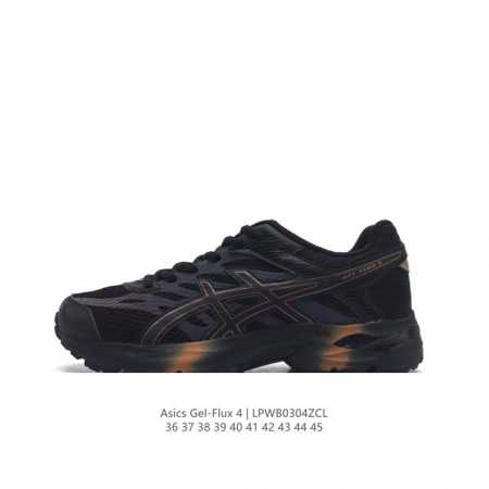 Asics 亚瑟士 Gel-Flux 4 男女子运动鞋舒适跑鞋缓震透气跑步鞋 。Gel-Flux4采用的是新一代轻质网布面，大孔洞设计极具透气性，柔软包覆双脚， - 点击图像关闭