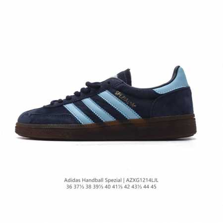 阿迪达斯 Adidas Handball Spezial 低帮三叶草学院风复古休闲板鞋 德训鞋 橡胶底柔软皮革面经典运动鞋板鞋。圆头、缝合拼接设计、正面绑带、鞋 - 点击图像关闭
