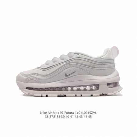 Nike 耐克 Nike Air Max 97 Futura 气垫缓震跑步鞋 厚底增高百搭运动鞋。以织物材料以及皮革材质搭配而成 鞋侧的走线部分做了一个解构的处 - 点击图像关闭