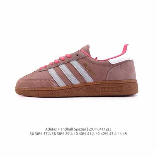 阿迪达斯 Adidas Handball Spezial 低帮三叶草学院风复古休闲板鞋 德训鞋 橡胶底柔软皮革鞋面经典运动鞋板鞋。圆头、缝合拼接设计、正面绑带、