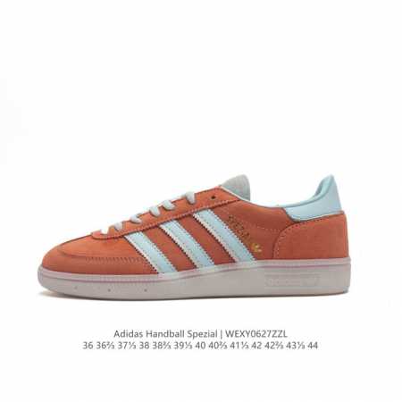 阿迪达斯 Adidas HANDBALL SPEZIAL 低帮三叶草学院风复古休闲板鞋 德训鞋 橡胶底柔软皮革经典运动鞋板鞋。圆头、缝合拼接设计、正面绑带、鞋舌 - 点击图像关闭