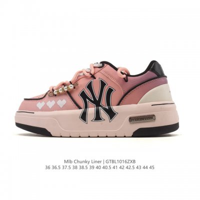 公司级 Mlb Chunky Liner Basic 人气单品学长鞋系列轻量增高厚底百搭休闲运动板鞋 解构绑带 双鞋带，皮革拼接男女轻便胶鞋 高级街头休閒品牌鞋