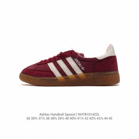 阿迪达斯 Adidas Handball Spezial 低帮三叶草学院风复古休闲板鞋 德训鞋 橡胶底柔软皮革经典运动鞋板鞋。圆头、缝合拼接设计、正面绑带、鞋舌 - 点击图像关闭