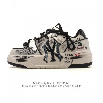 公司级 Mlb Chunky Liner Basic 人气单品学长鞋系列轻量增高厚底百搭休闲运动板鞋 解构绑带 双鞋带，皮革拼接男女轻便胶鞋 高级街头休閒品牌鞋