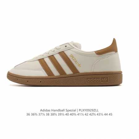 阿迪达斯 Adidas Handball Spezial 低帮三叶草学院风复古休闲板鞋 德训鞋 橡胶底柔软皮革经典运动鞋板鞋。圆头、缝合拼接设计、正面绑带、鞋舌 - 点击图像关闭
