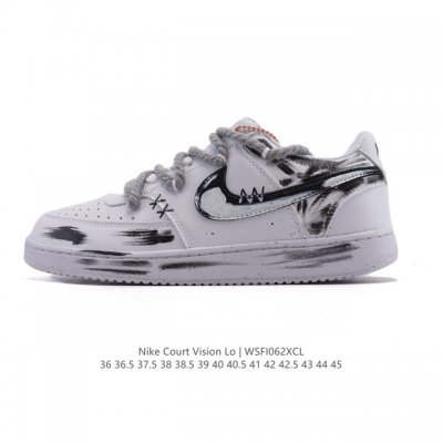 公司级 耐克Nike Court Vision Low 校园风低帮复古篮球板鞋男女运动鞋 解构绑带 双鞋带。延续80年代复古篮球鞋，添加学院风细节。皮革组合鞋面