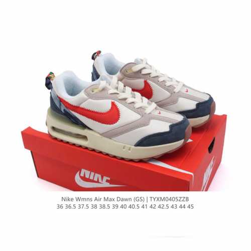 耐克 Nike Air Max Dawn 黎明系列 低帮气垫百搭休闲运动慢跑鞋，从配色上彰显出浓厚的复古气质。最大的亮点当属鞋型设计上加入结构元素，汲取1984