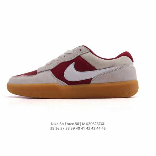 耐克Nike Sb Force 58 运动滑板鞋。这是一款将前沿创新带入街头的单品，它具有硫化杯底，具有出色的耐用性和灵活性。使用柔软皮革织物拼接，在饰面上放置