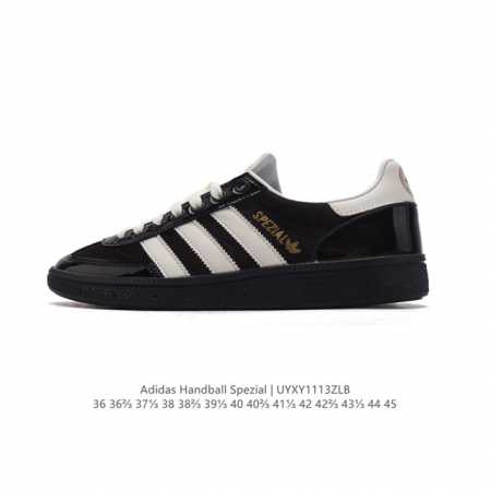 阿迪达斯 Adidas Handball Spezial 低帮三叶草学院风复古休闲板鞋 德训鞋 橡胶底柔软皮革经典运动鞋板鞋。圆头、缝合拼接设计、正面绑带、鞋舌 - 点击图像关闭