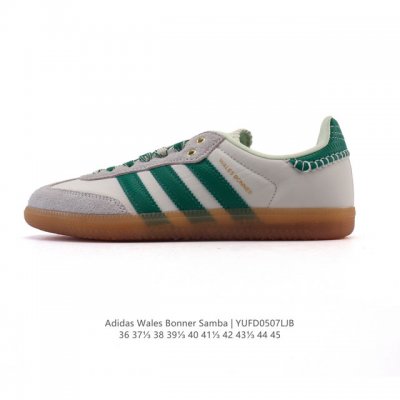 真标 阿迪达斯 德训鞋 经典复古低帮休闲运动慢跑鞋Wales Bonner X Adidas 2025 全新系列联名鞋款 经典运动板鞋。该鞋采用皮革面料制成，含