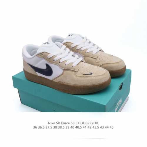 公司级 耐克Nike Sb Force 58 运动滑板鞋。这是一款将前沿创新带入街头的单品，它具有硫化杯底，具有出色的耐用性和灵活性。使用柔软皮革和帆布拼接，在