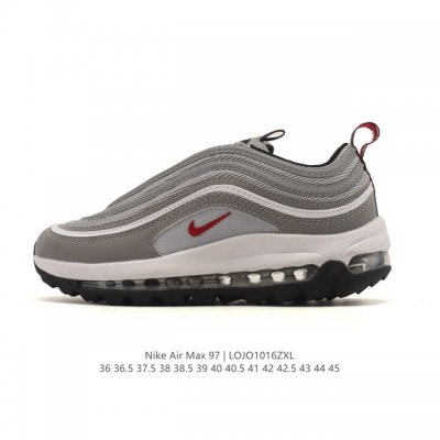 Nike 耐克 Nike Air Max 97 Se 气垫缓震男士跑步鞋 厚底增高百搭运动鞋。以织物材料以及皮革材质搭配而成 鞋侧的走线部分做了一个解构的处理，