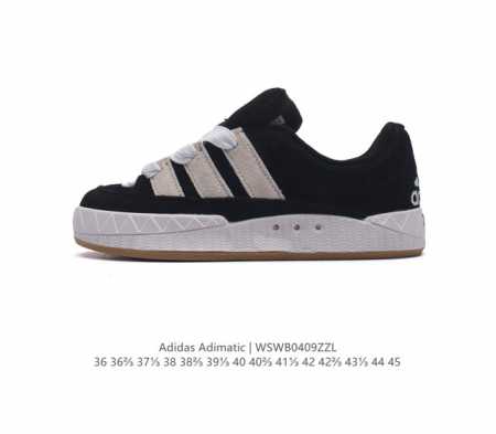 阿迪达斯 Adidas Adimatic 马蒂奇系列低帮复古鲨鱼面包鞋运动休闲滑板板鞋。整个鞋面由牛皮革制成，搭配品牌标志性大尺寸三条纹 Logo，超宽鞋带作为 - 点击图像关闭