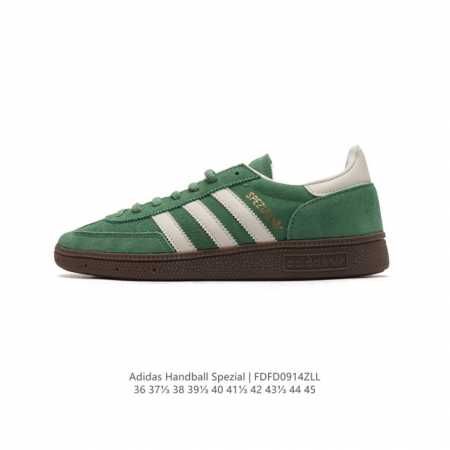 阿迪达斯 Adidas Handball Spezial 低帮三叶草学院风复古休闲板鞋 德训鞋 橡胶底柔软皮革经典运动鞋板鞋。圆头、缝合拼接设计、正面绑带、鞋舌 - 点击图像关闭