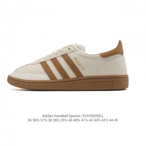 阿迪达斯 Adidas Handball Spezial 低帮三叶草学院风复古休闲板鞋 德训鞋 橡胶底柔软皮革经典运动鞋板鞋。圆头、缝合拼接设计、正面绑带、鞋舌