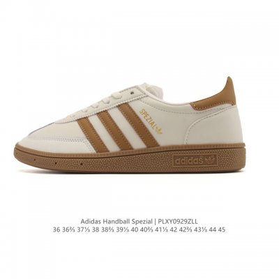 阿迪达斯 Adidas Handball Spezial 低帮三叶草学院风复古休闲板鞋 德训鞋 橡胶底柔软皮革经典运动鞋板鞋。圆头、缝合拼接设计、正面绑带、鞋舌