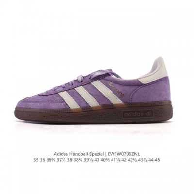 公司级 阿迪达斯 Adidas Handball Spezial 低帮三叶草学院风复古休闲板鞋 德训鞋 橡胶底柔软皮革经典运动鞋板鞋。圆头、缝合拼接设计、正面绑