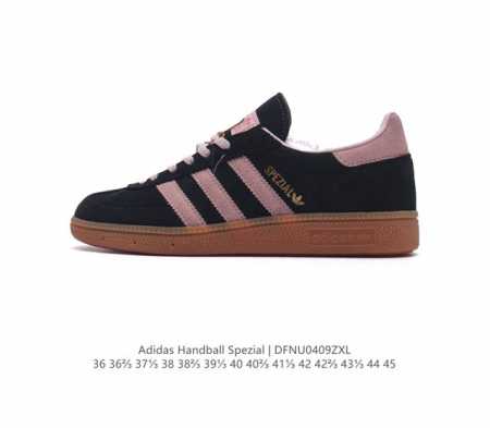 真标 阿迪达斯 Adidas Handball Spezial 三叶草学院风复古休闲板鞋 德训鞋 橡胶底柔软皮革经典运动鞋男女士板鞋。圆头、缝合拼接设计、正面绑 - 点击图像关闭