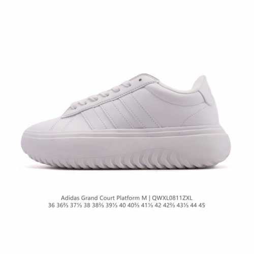 新品 阿迪达斯 Grand Court Platform Adidas网球鞋 舒适百搭小白鞋 防滑耐磨 低帮 厚底增高板鞋 “踩屎感”十足的小麦昆｜阿迪达斯 G