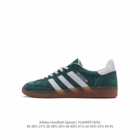 阿迪达斯 Adidas Handball Spezial 三叶草学院风复古休闲板鞋 德训鞋 橡胶底柔软皮革经典运动鞋板鞋。圆头、缝合拼接设计、正面绑带、鞋舌部位 - 点击图像关闭