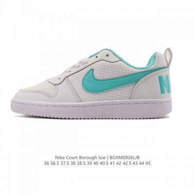 耐克 Nike 男女子运动鞋 Court Borough Low 小空军低帮板鞋。1.其皮革材质的鞋面结合网眼鞋舌，在出众外观与质感的同时提供稳固支撑，并且提升
