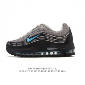 Nike 耐克 Nike Air Max 97 Se 气垫缓震男女士跑步鞋 厚底增高百搭运动鞋。以织物材料以及皮革材质搭配而成 鞋侧的走线部分做了一个解构的处理