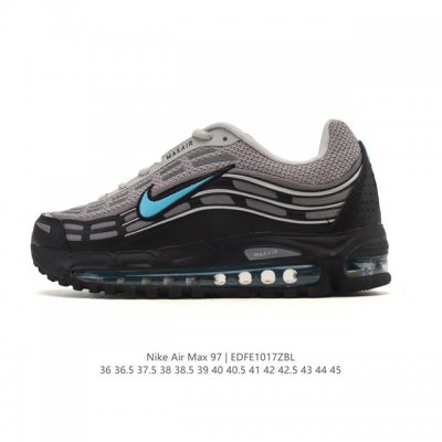 Nike 耐克 Nike Air Max 97 Se 气垫缓震男女士跑步鞋 厚底增高百搭运动鞋。以织物材料以及皮革材质搭配而成 鞋侧的走线部分做了一个解构的处理