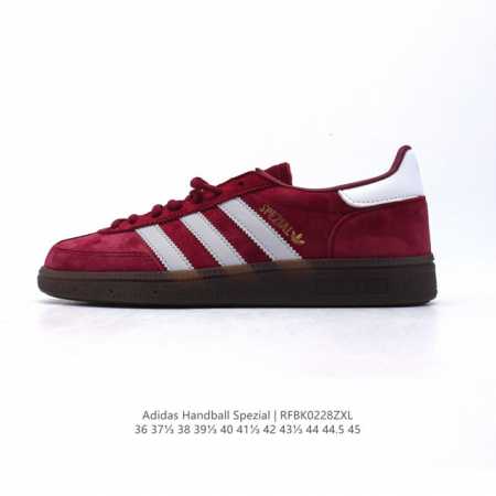 阿迪达斯 Adidas Handball Spezial 低帮三叶草学院风复古休闲板鞋 德训鞋 橡胶底柔软皮革鞋面经典运动鞋板鞋。圆头、缝合拼接设计、正面绑带、 - 点击图像关闭