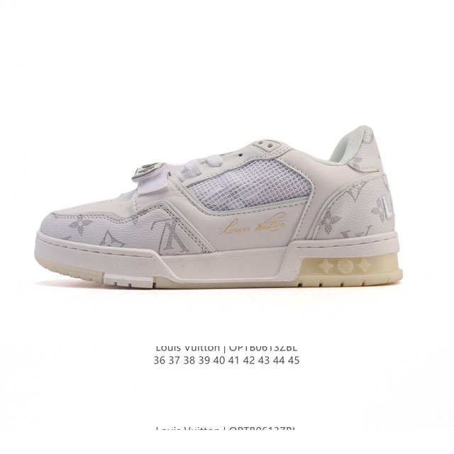 公司级 路易威登 Louis Vuitton Lv路易威登板鞋 时尚运动鞋潮厚底增高男女鞋。舒适防滑底和百搭性霸屏整个时尚娱乐圈，细节调整完美主义！采用柔软皮革